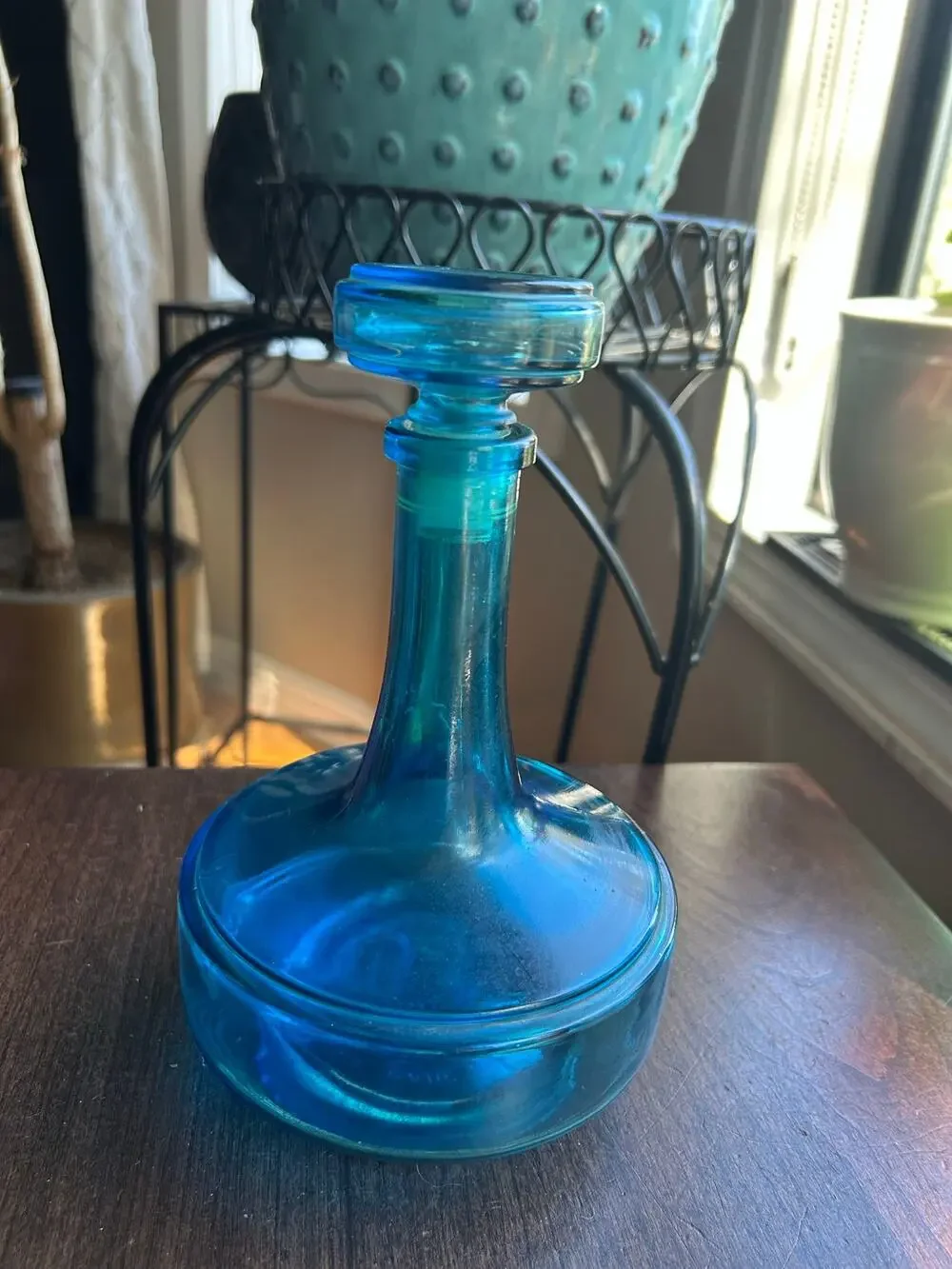 Vtg Mid Century Blue Decanter Bottle with Stopper 8.5